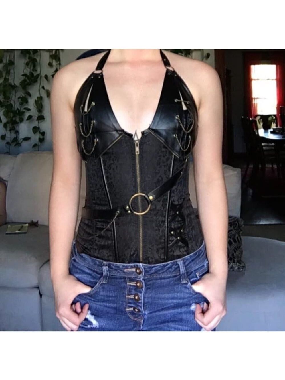 STEAMPUNK Corset Top Steel Boned Underbust Renaissance Black Leather Cosplay NWT
